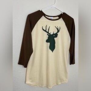 LuLaRoe Cream Baseball Tee with Brown Sleeves and Green Deer Graphic